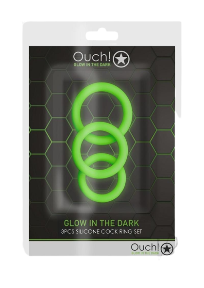 Ouch! Cock Ring Silicone Set (3pc) Glow in the Dark - Green